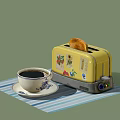 Yellow Kitchen Appliance Toaster with Decorative Patterns Toast and Coffee Cup on Striped Placemat