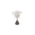 Transparent Cone Shaped Vase with White Flowers and Scattered Small Blooms on Black Background