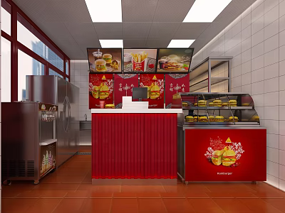 Fast Food Shop In Mall With Red Counter Menu Screen Burger Fries 3d model
