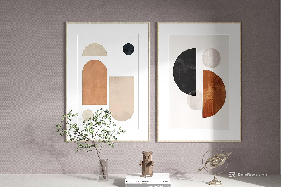 Two White Framed Abstract Paintings with Geometric Shapes on Grey Wall 3d model