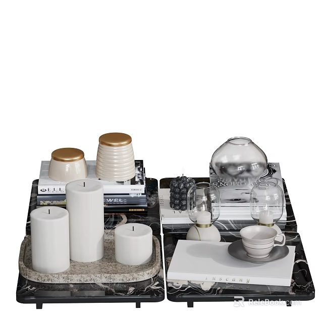 White And Gold Decorative Ornament Set With Candles Books Glass Ornaments And Cups 3d model 