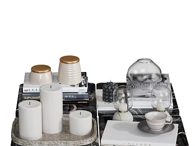 White And Gold Decorative Ornament Set With Candles Books Glass Ornaments And Cups 3d model