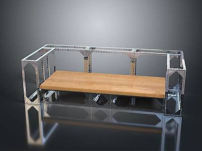 Silver Geometric Metal Frame Bench With Wooden Seat On Black Smooth Reflective Surface 3d model