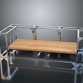 Silver Geometric Metal Frame Bench With Wooden Seat On Black Smooth Reflective Surface