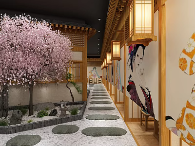 Japanese Style Hotel Corridor With Pink Cherry Blossom Tree Paper Lanterns And Wall Murals 3d model
