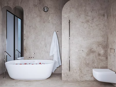Bathroom Interior Design With White Freestanding Bathtub Red Petals Concrete Walls And Arched Details 3d model