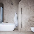 Bathroom Interior Design With White Freestanding Bathtub Red Petals Concrete Walls And Arched Details