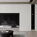 Modern Living Dining Room Interior With White Cabinets Black TV Wall And Orange Chair
