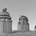 AR Marked Metal Weapon Towers With Defense Systems On Grassy Hillside