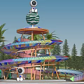 Vibrant Spiral Tower With Colorful Structure Spherical Top And Palm Trees