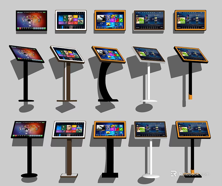Commercial Standing Touch Screen Equipment With Various Stand Designs And Digital Displays 3d model 