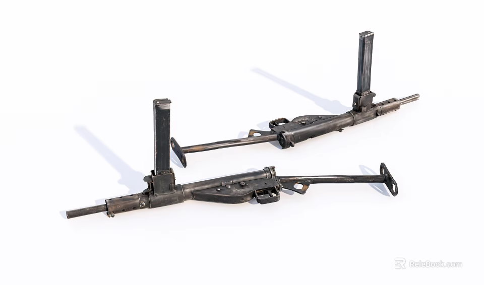 Two Vintage Machine Guns Featuring Metal Barrels Magazines and Stocks on White Background 3d model