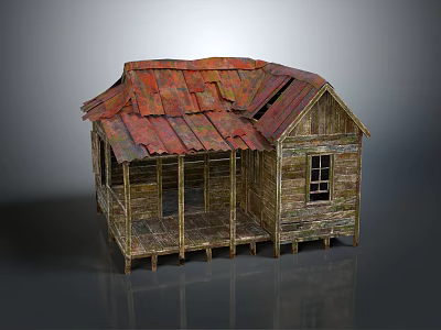 Rustic Wooden Cabin With Weathered Exterior Rusty Red Metal Roof And Porch 3d model