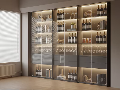 Modern Wine Cabinet Featuring Glass Doors Built-in Lighting Wine Bottles And Decorative Items 3d model