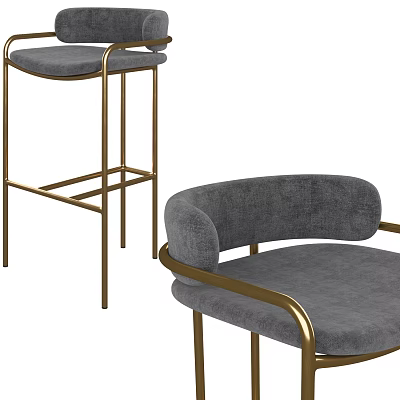 Modern Gray Upholstered Bar Stools With Gold Metal Frame And Backrest Design 3d model