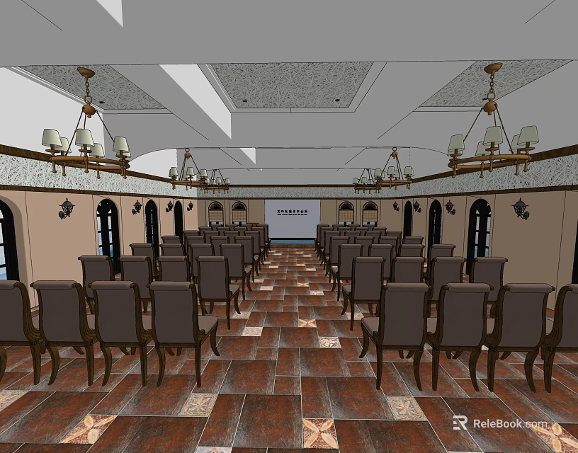 Spacious Conference Room with Rows of Chairs Brown Tiled Floor and Elegant Chandeliers 3d model 