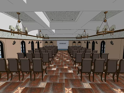 Spacious Conference Room with Rows of Chairs Brown Tiled Floor and Elegant Chandeliers 3d model