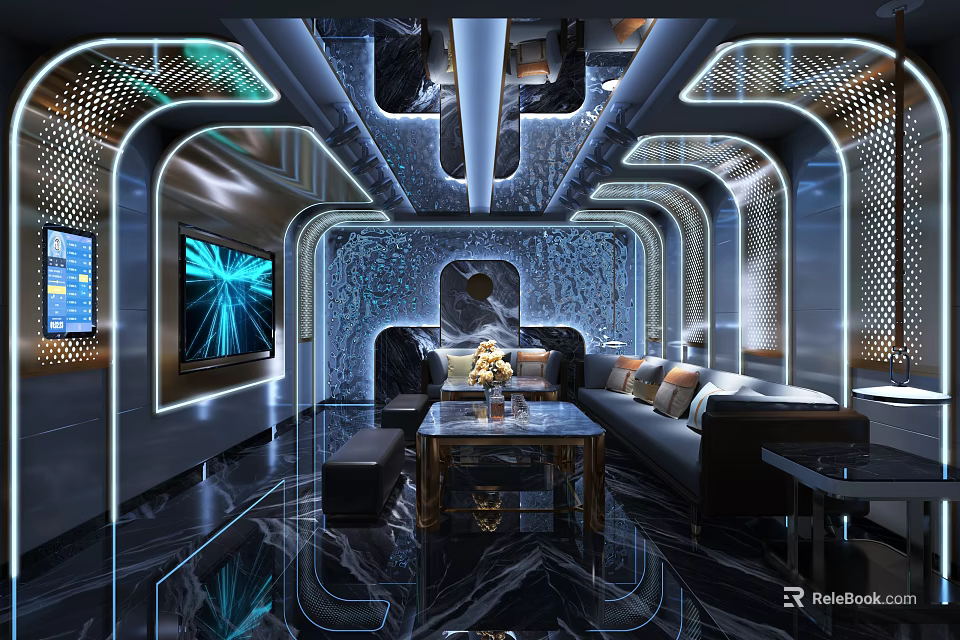 Modern KTV Room Interior With Hi Tech Lighting Sofa Coffee Table And TV Screen 3d model