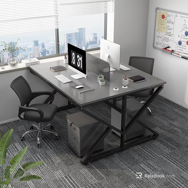 Modern Office Desk With Dual Monitors Laptop Tablet Small Plant Ergonomic Chairs And Whiteboard Charts 3d model 