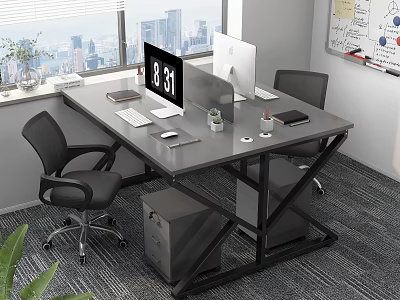 Modern Office Desk With Dual Monitors Laptop Tablet Small Plant Ergonomic Chairs And Whiteboard Charts 3d model