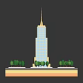 Tall Modern Building With Spire And Green Trees On Square Platform Base 3d model