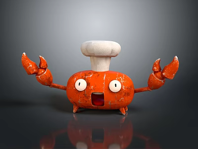 Cute Orange Crab Cartoon Character Wearing White Chef Hat With Big Eyes And Open Claws 3d model