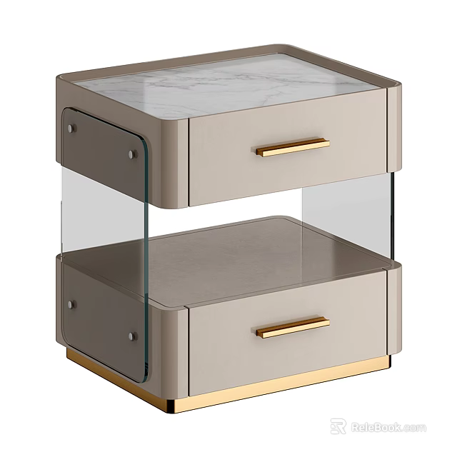 Modern Nightstand With Marble Top Gold Handles Glass Shelf And Gold Base 3d model 