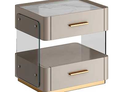 Modern Nightstand With Marble Top Gold Handles Glass Shelf And Gold Base 3d model