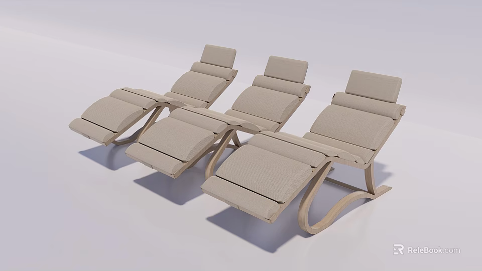 Three Modern Lounge Chairs With Wooden Frame And Light Colored Fabric Cushions 3d model 