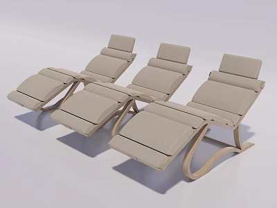 Three Modern Lounge Chairs With Wooden Frame And Light Colored Fabric Cushions 3d model