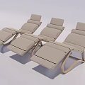 Three Modern Lounge Chairs With Wooden Frame And Light Colored Fabric Cushions