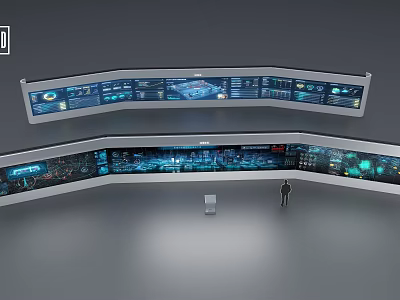 Technology Exhibition Hall Interior With Curved Multi Screen Digital Displays And Tech Interfaces 3d model