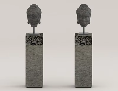 Buddha Head Sculptures On Decorative Pedestals With Intricate Carved Patterns 3d model