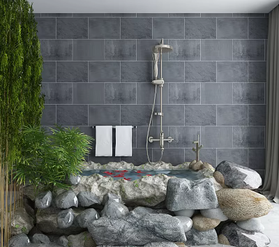 Natural Style Bathtub Surrounded by Stones With Red Petals Gray Tiled Wall and Green Plants 3d model