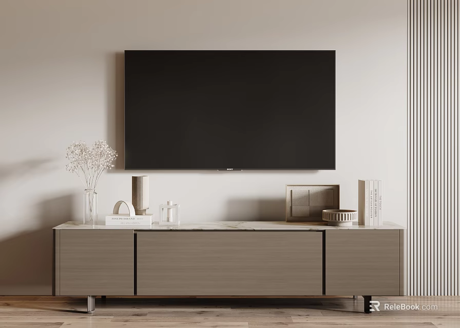 Modern Wooden TV Stand With Three Cabinets Large Black TV And Decorative Items 3d model 