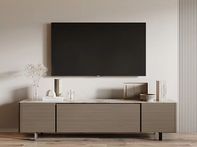 Modern Wooden TV Stand With Three Cabinets Large Black TV And Decorative Items 3d model