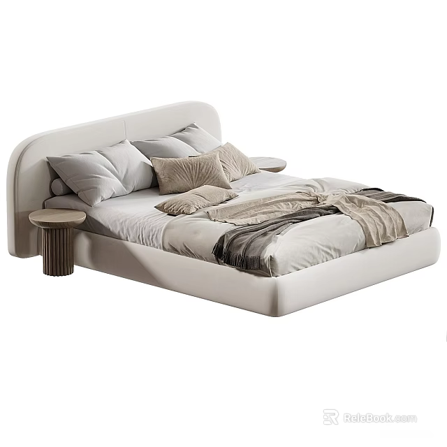 Elegant Light Beige Upholstered Double Bed With Comfortable Bedding And Minimalist Round Wooden Bedside Tables 3d model 