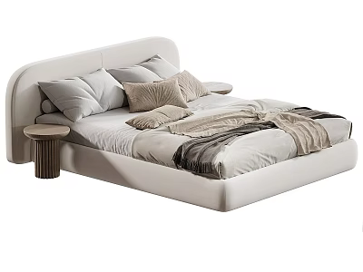 Elegant Light Beige Upholstered Double Bed With Comfortable Bedding And Minimalist Round Wooden Bedside Tables 3d model