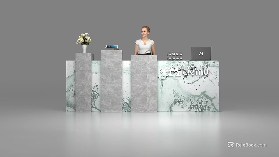Modern Marble Texture Reception Desk With Flower Vase Tablet A4 Documents And Staff 3d model 