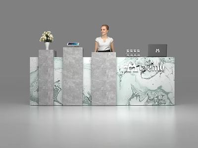 Modern Marble Texture Reception Desk With Flower Vase Tablet A4 Documents And Staff 3d model