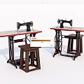 Industrial Sewing Machines On Wooden Worktables With Red Tabletops And Stools