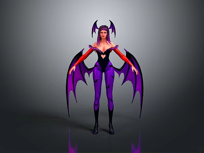 Purple Haired Fantasy Character With Black Purple Outfit Red Sleeves And Purple Wings 3d model