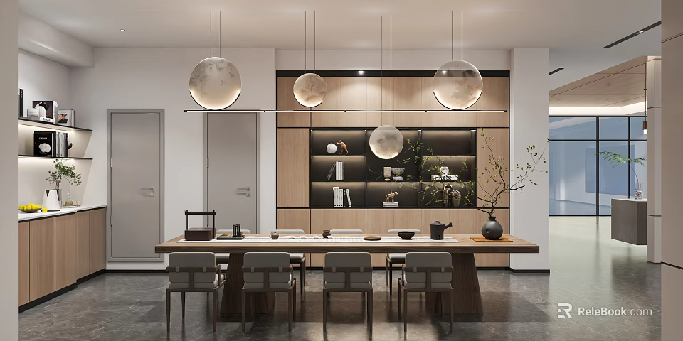 Modern Tea Room Interior With Long Table Chairs And Pendant Lights 3d model