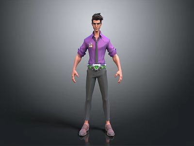 Man Wearing Purple Shirt Gray Pants And Green Belt In 3D Character Standing Pose 3d model