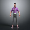 Man Wearing Purple Shirt Gray Pants And Green Belt In 3D Character Standing Pose