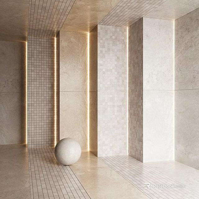 Modern Minimalist Background Wall Design With Grid Tile Smooth Stone And Decorative Sphere Lighting 3d model 