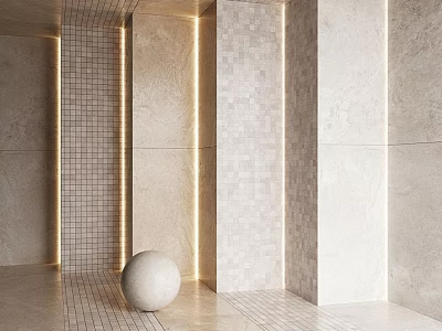 Modern Minimalist Background Wall Design With Grid Tile Smooth Stone And Decorative Sphere Lighting 3d model