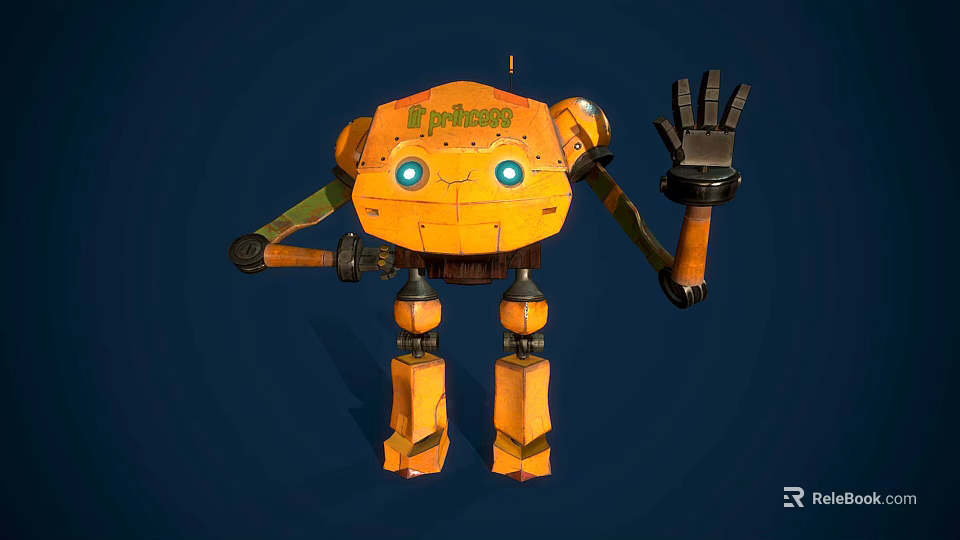 Orange Robot Character With Green Eyes Waving Hand And Mechanical Body 3d model 