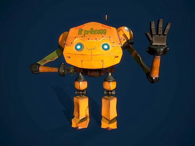 Orange Robot Character With Green Eyes Waving Hand And Mechanical Body 3d model