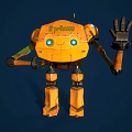 Orange Robot Character With Green Eyes Waving Hand And Mechanical Body